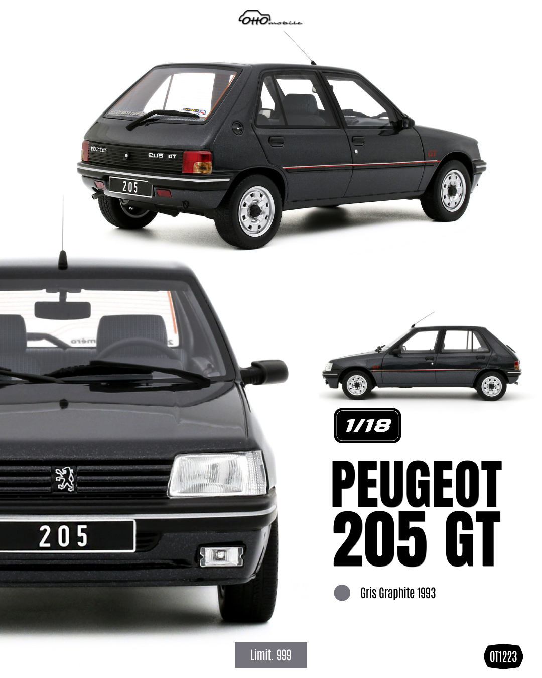 Peugeot 205 GT 1993 de marque Otto échelle 1:18 longueur 20cm, grise